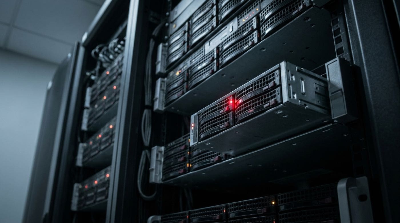 A rack of disk shelves with drive activity indicators