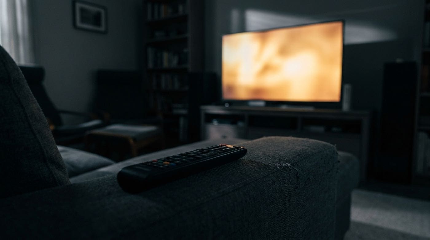 A dark living room with a television showing an abstract field of warm light, a remote on the sofa arm