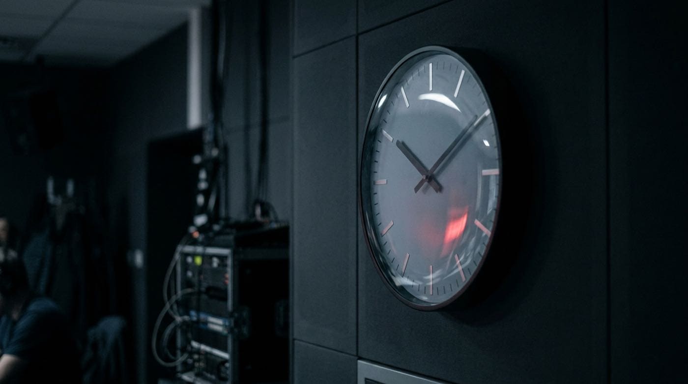 A broadcast studio clock in a dim gallery
