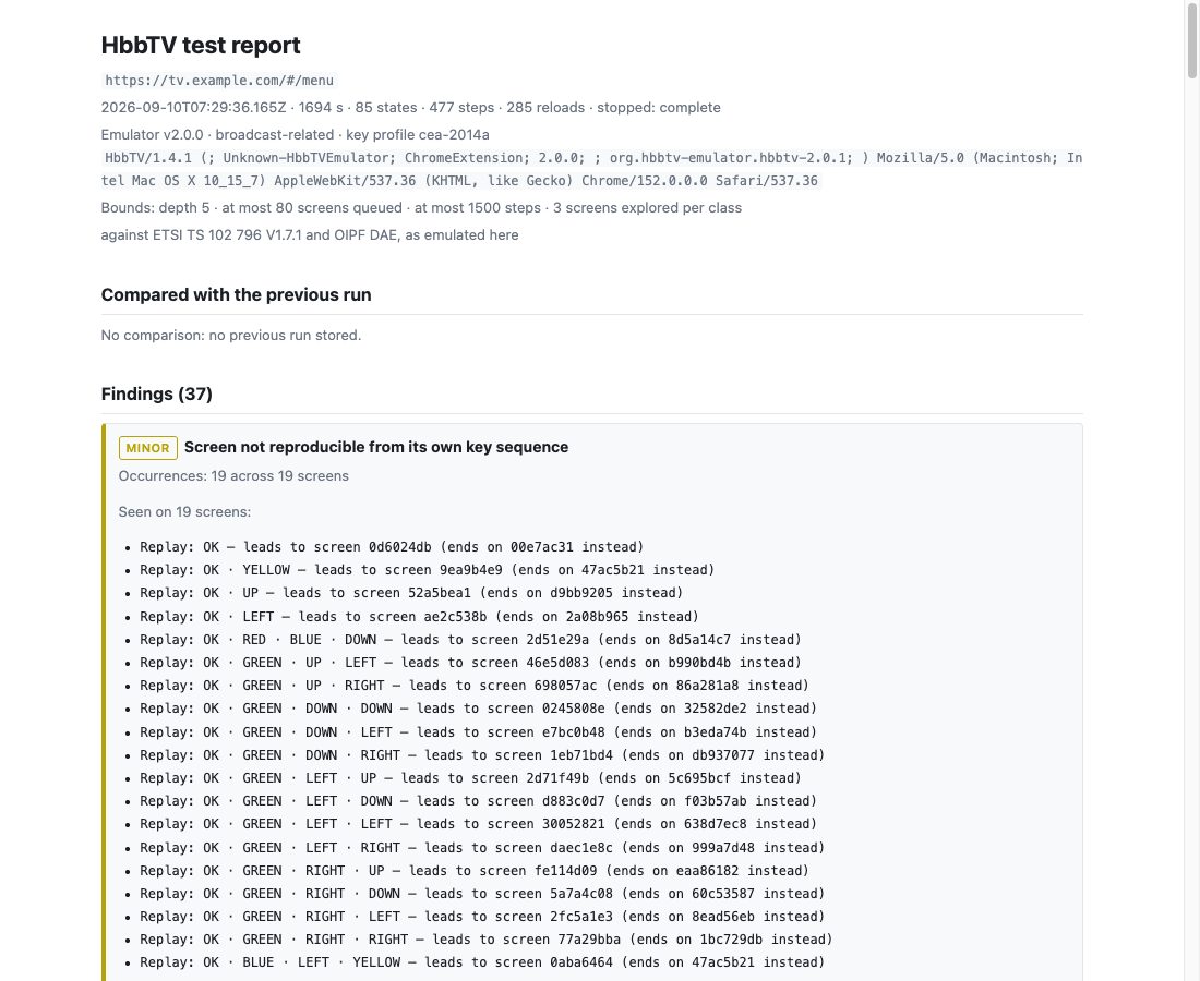 An HbbTV test report: run metadata, the standard it was measured against, and one grouped finding with its occurrences