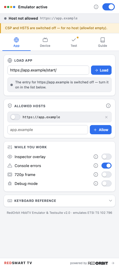 The emulator side panel, App tab: load app, allowed hosts, and the switches used while working