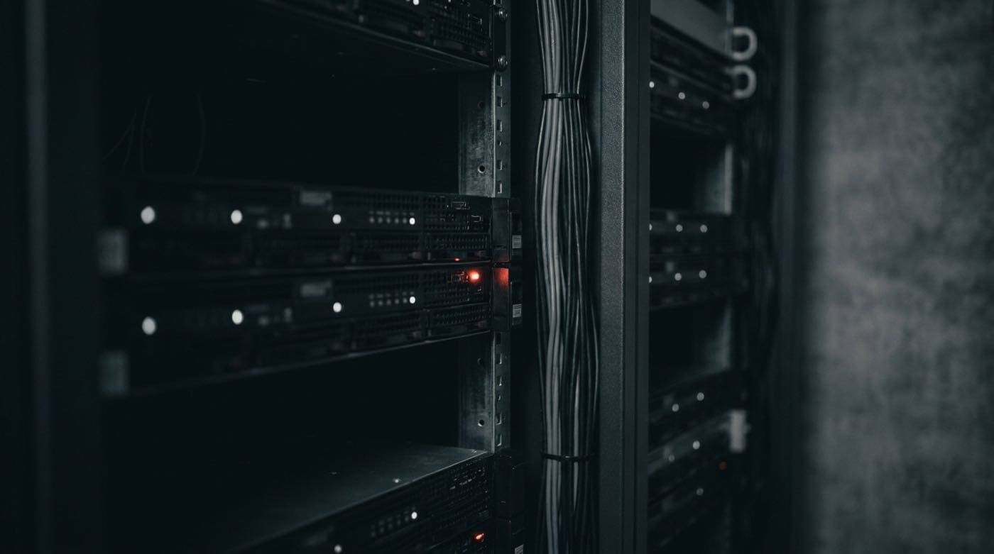 A broadcast playout rack, rows of video servers with status indicators