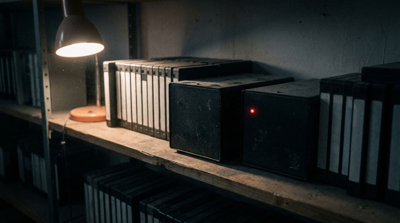A shelf of broadcast media archive boxes and tape cases, lit by a single warm lamp