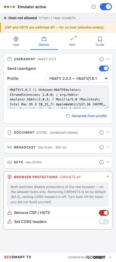 The emulator side panel, Device tab: UserAgent, document mode, broadcast, keys and browser protections