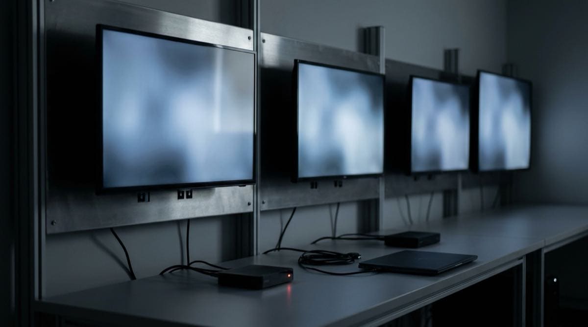 Four television sets side by side on a test bench, each showing an abstract field of light