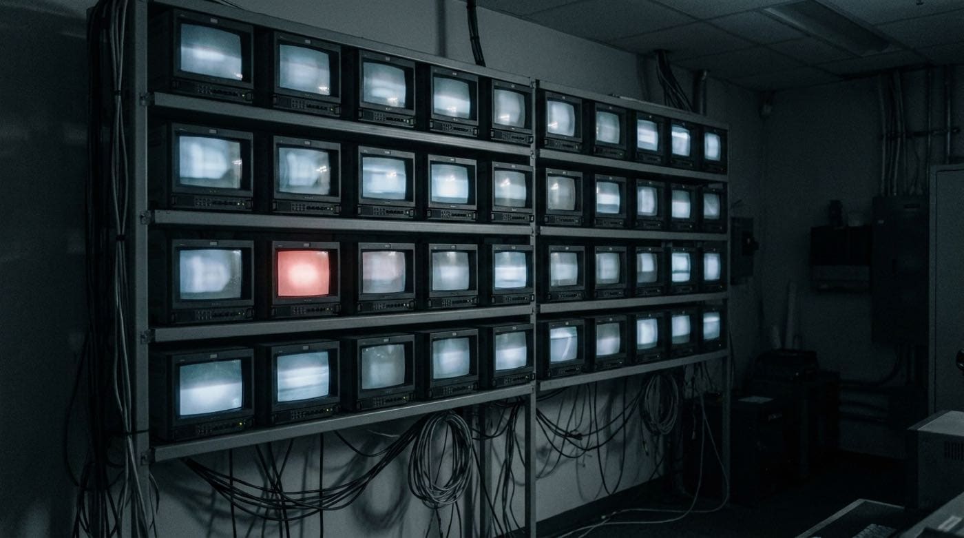 A wall of small broadcast preview monitors, each showing an abstract field of light