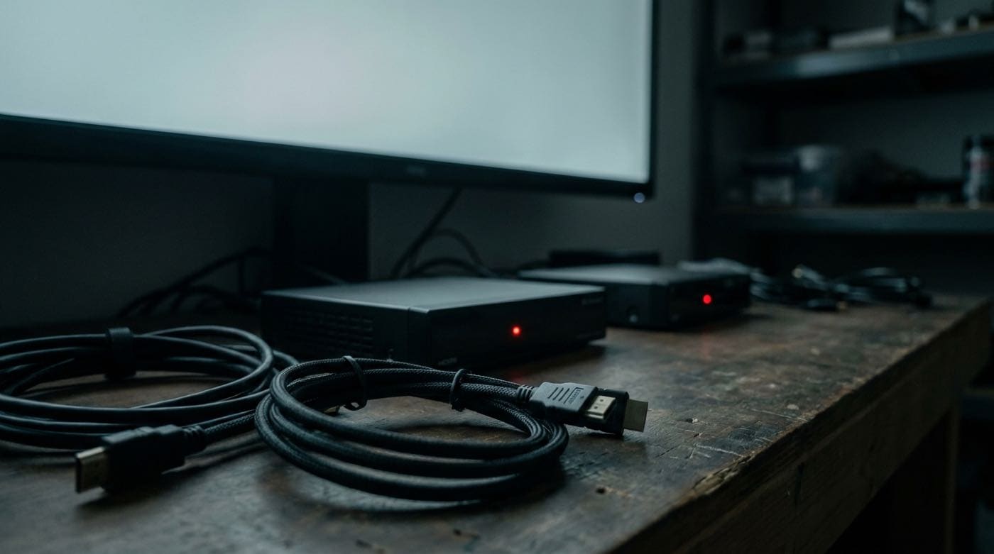 A developer test bench with coiled cables and two small set-top boxes
