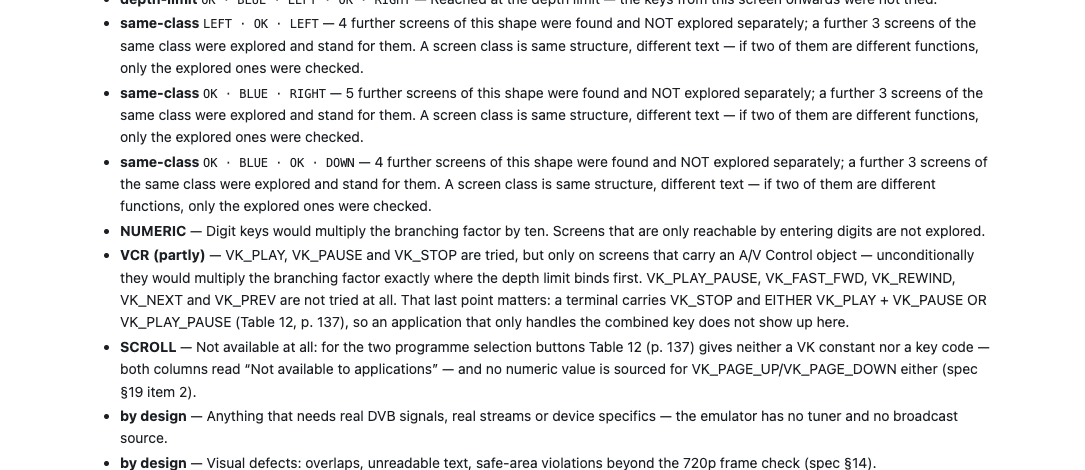 An extract from a test report: the Not reached and Emulator limits entries, each citing the passage in the standard it follows from